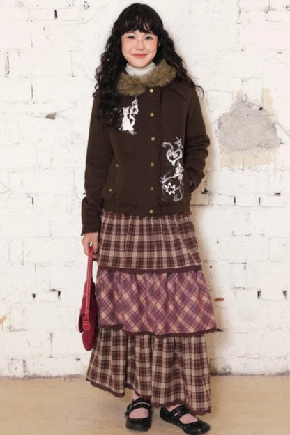 Dark Brown Hooded Jacket Skirt Set-Up