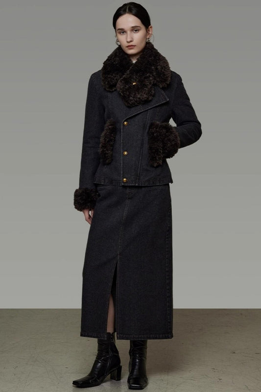 Patchwork Fur Collar Denim Jacket Set-Up