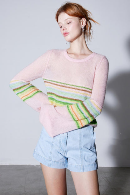 Mohair Silky Wool Rainbow Lantern Sleeve Sweater