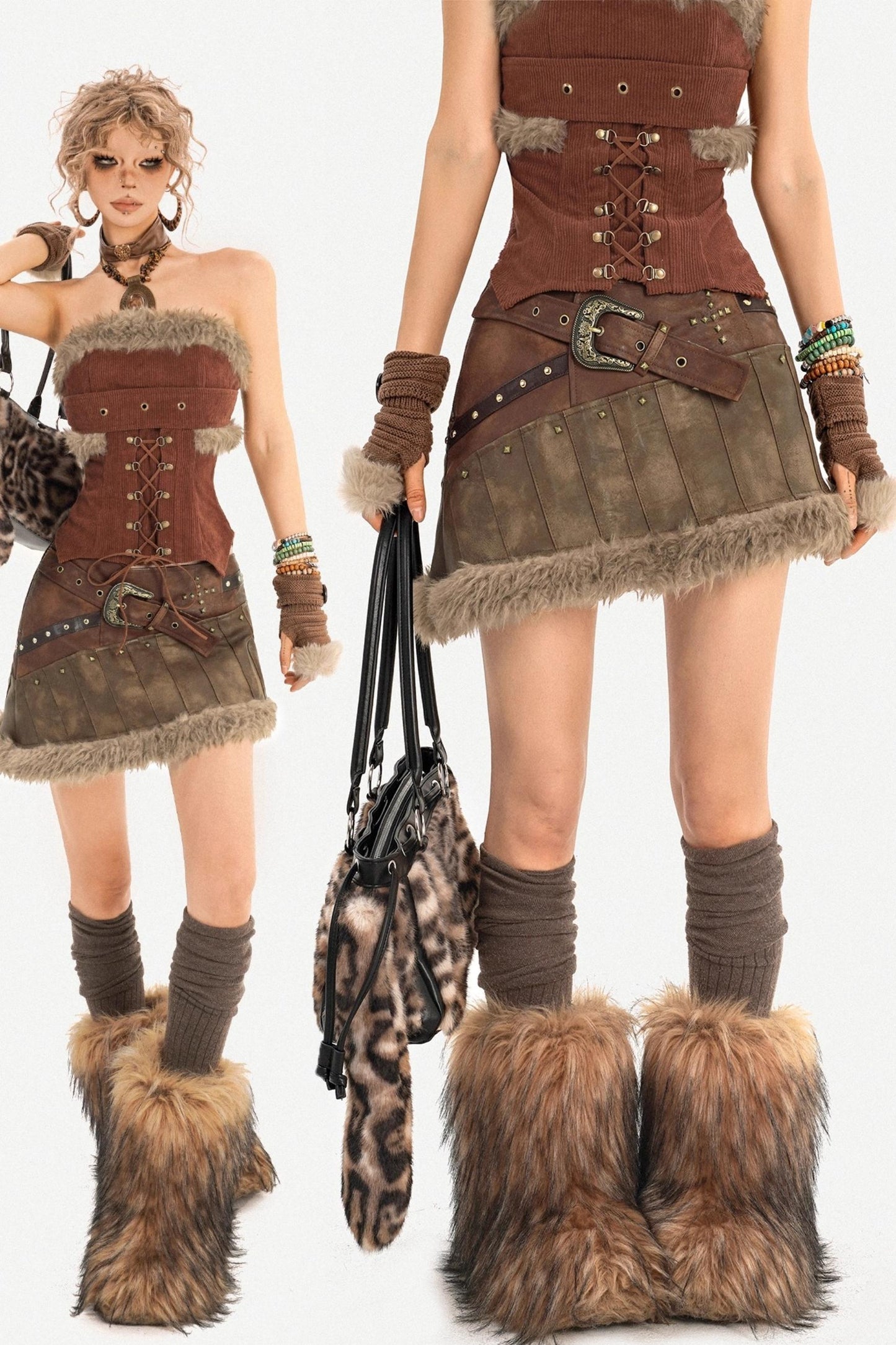 Furry Patchwork Leather Skirt Set-Up