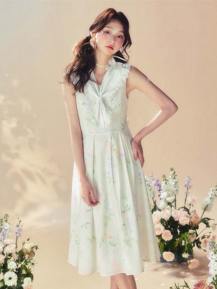 Frills Sailor Collar Floral Sleeveless Dress