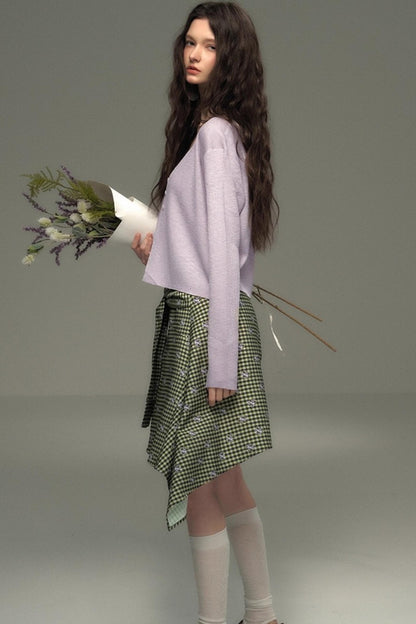 Retro Green Check Lace-Up Skirt