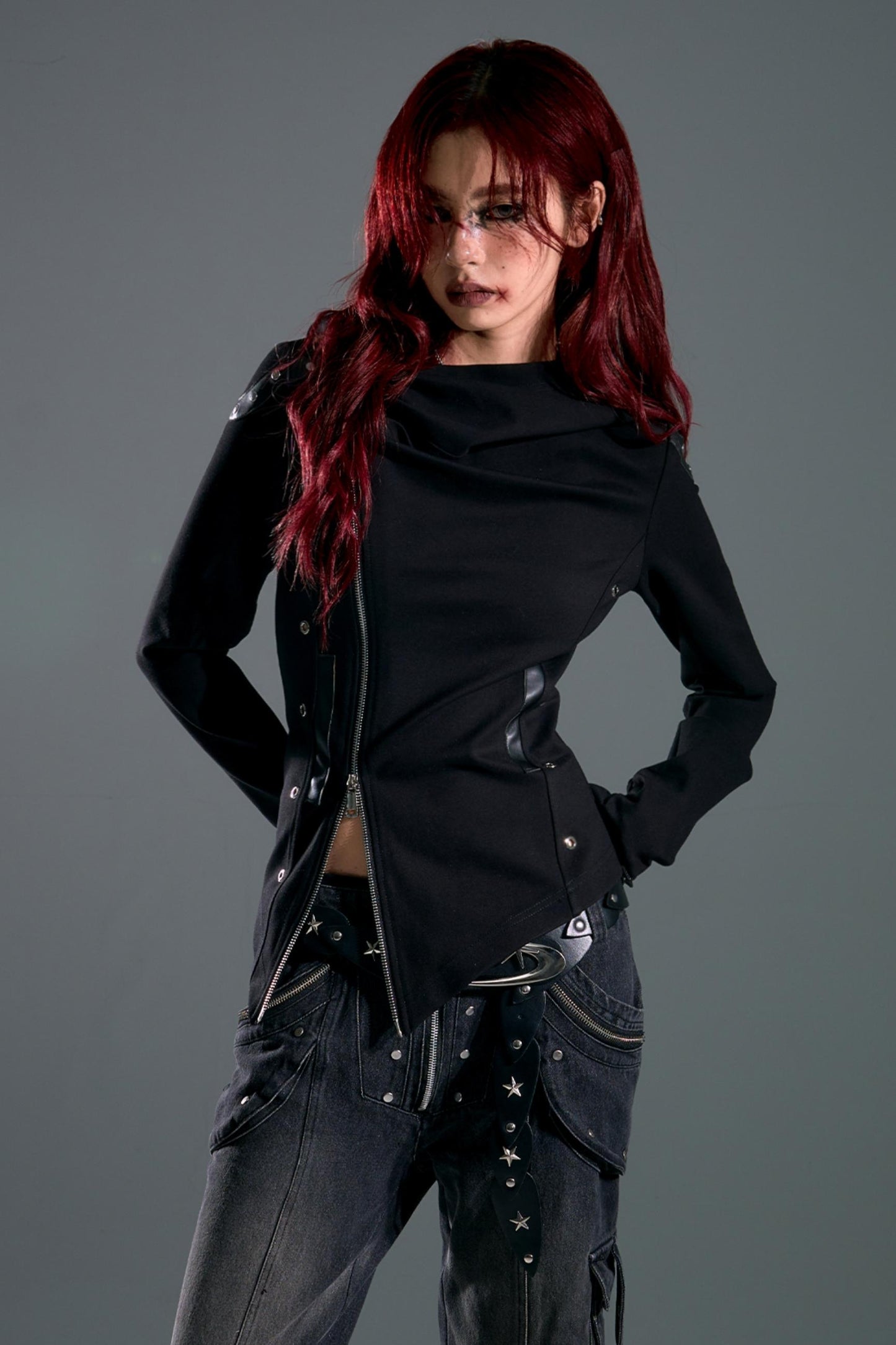 Hooded Asymmetrical Zip Knit Top