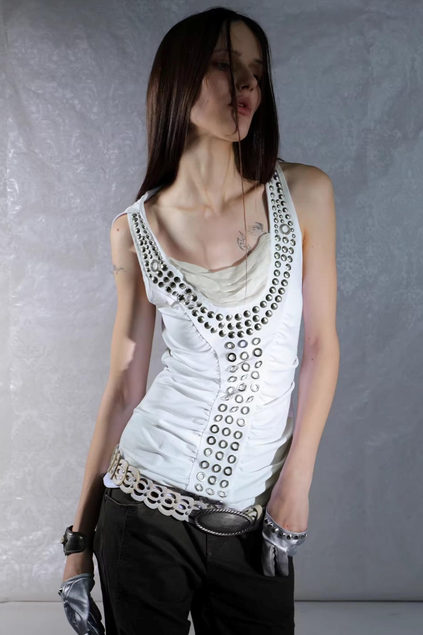 Metal Rivet Pleated Racerback Top