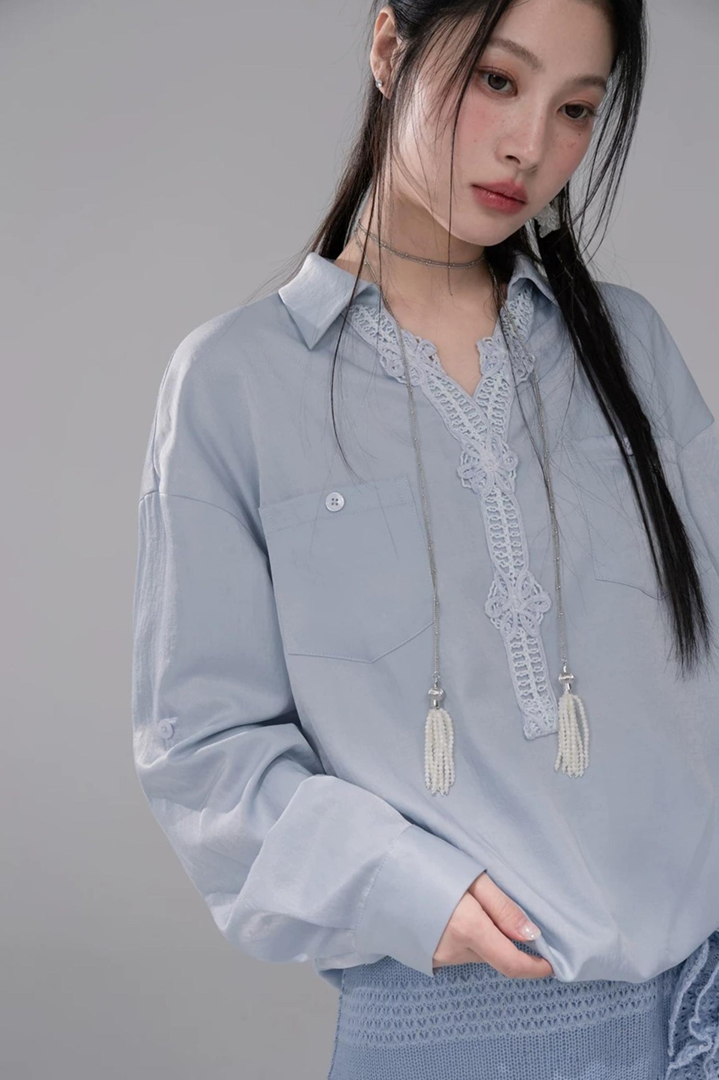 Mist Blue Lace Collar Shirt