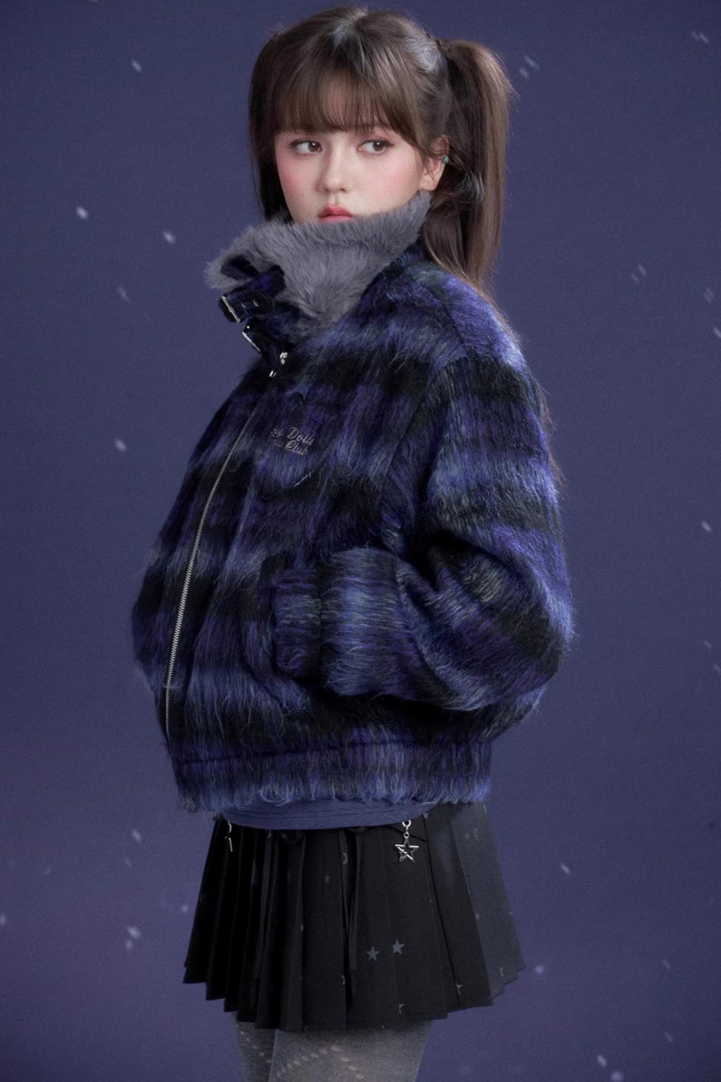 High-Neck Plaid Woolen Coat