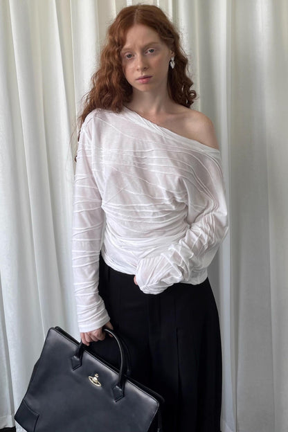 Pleated Slanted Shoulder Slimming Top