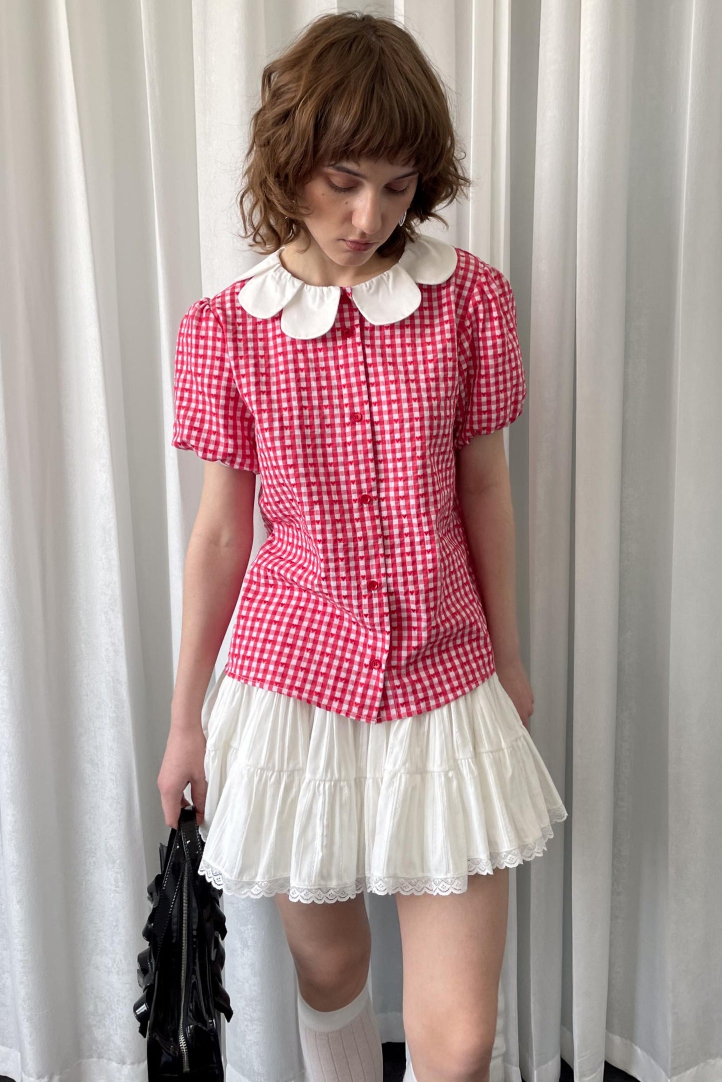 Red Plaid Lantern Sleeve Shirt