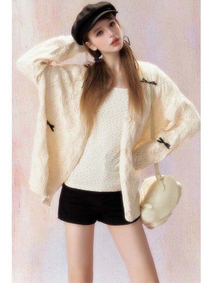 Ribbon Race V-Neck Knit Cardigan