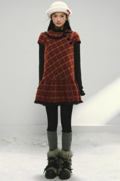 Christmas Plaid Tweed A-Line Dress Set-Up