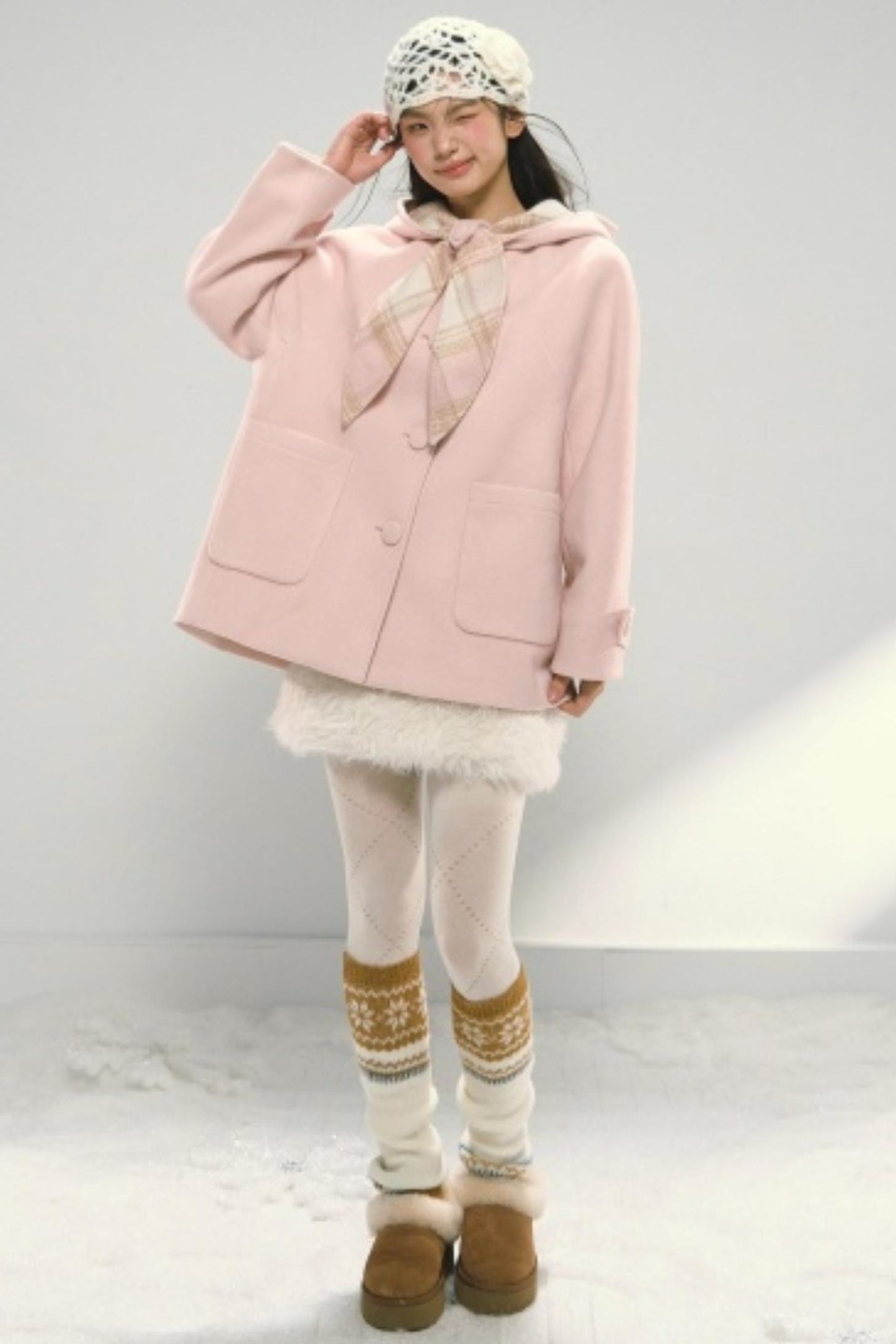 Pink Paneled Plaid Hooded Wool Coat