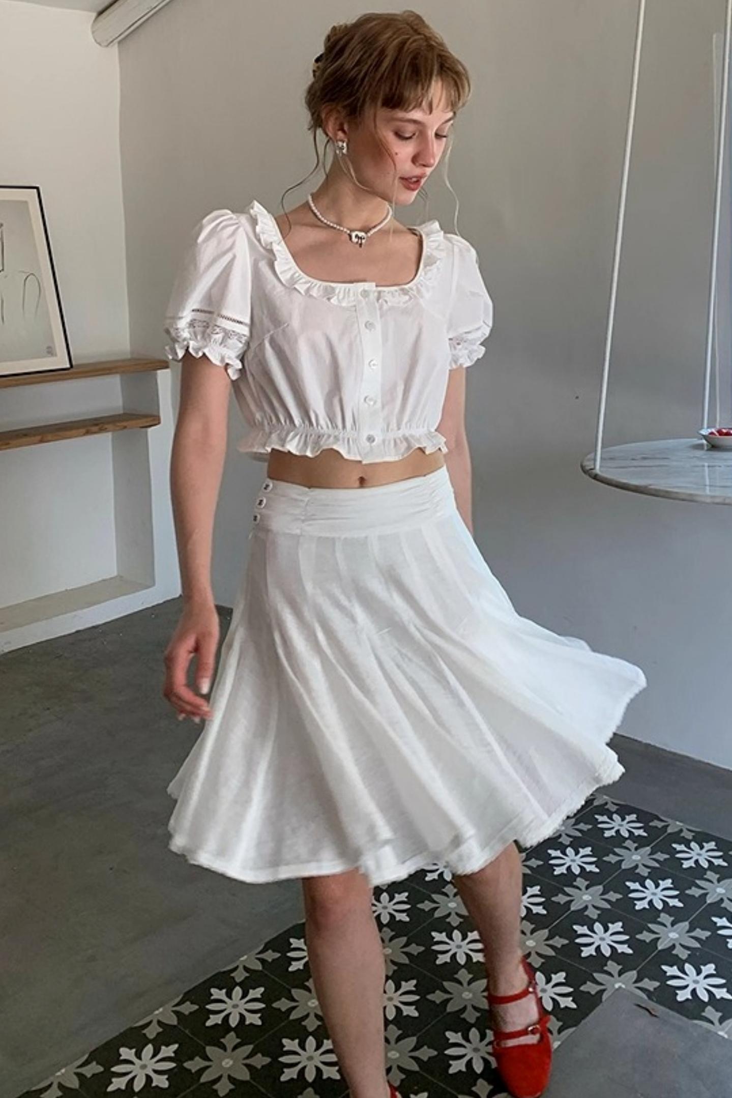 White Lace Square Collar Puff Sleeve Shirt