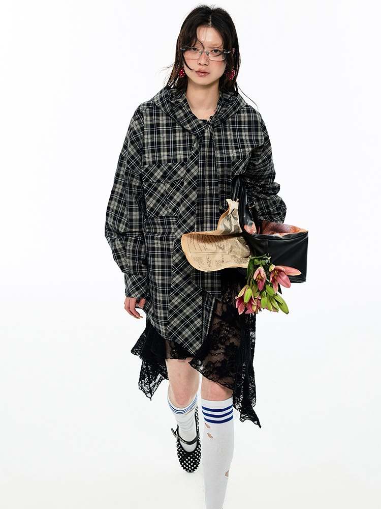 Gradient Plaid Casual Hooded Shirt