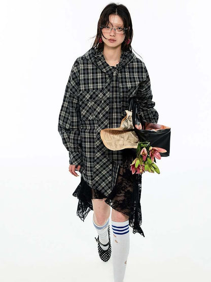 Gradient Plaid Casual Hooded Shirt