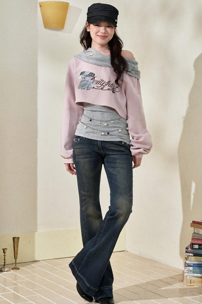 Pink Gray Fake Two Piece Hooded Top