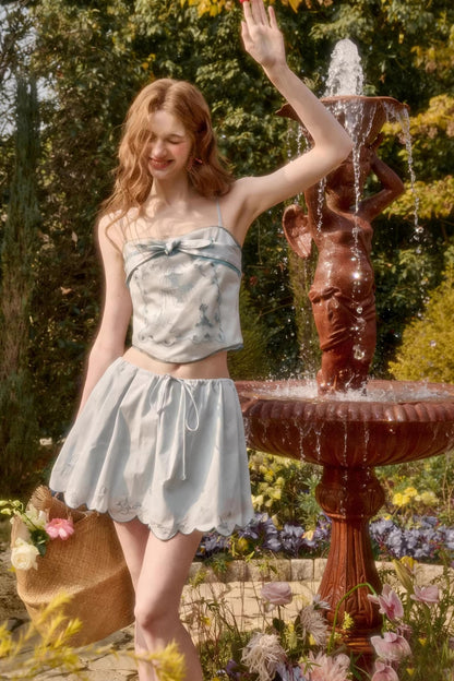 Baby Blue Embroidery Cotton Top and Skirt Set-Up