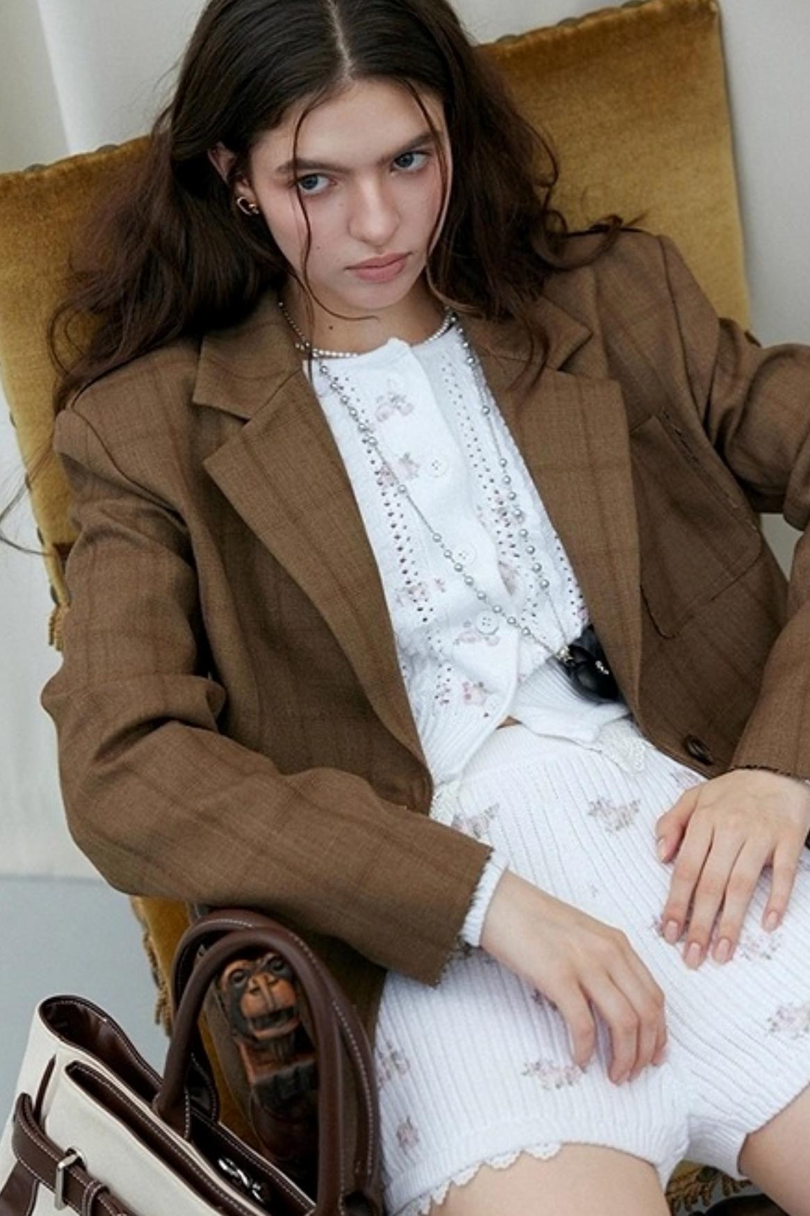 Brown Check Raw Edge Blazer