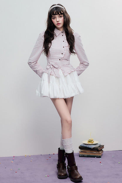 Spring Slim Plaid Ruffle Tie Shirt