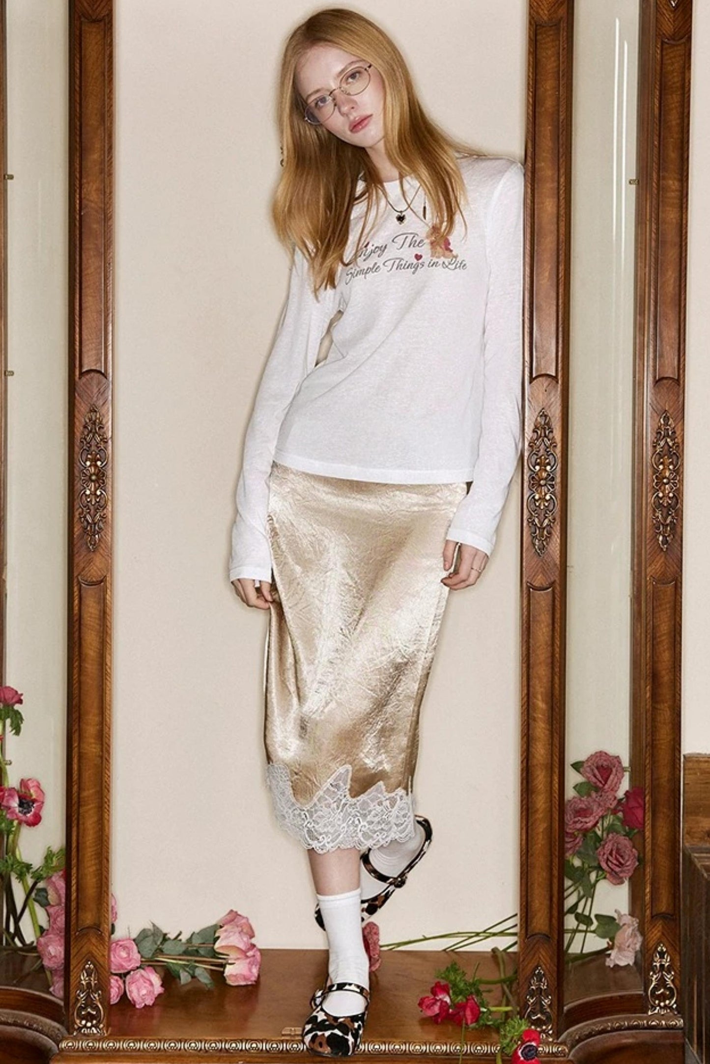 Lace-Trimmed Satin Skirt