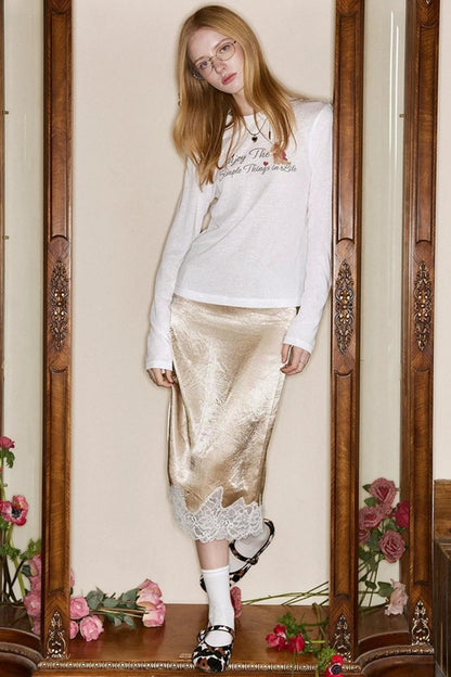 Lace-Trimmed Satin Skirt