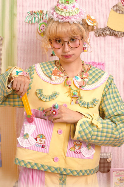 Patchwork Plaid Embroidered Top & Skirt Set-Up