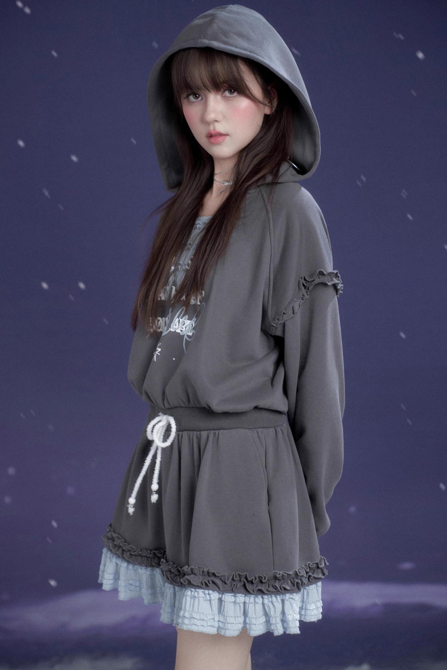 Gray-Blue Hooded Sweatshirt Dress