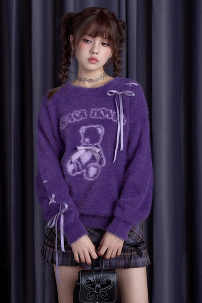 Purple Plush Bear Ribbon Sweater