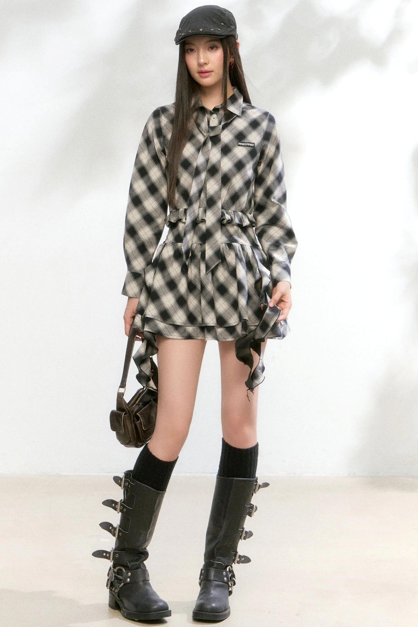 Plaid Diagonal Cut Long-Sleeved Shirt Dress