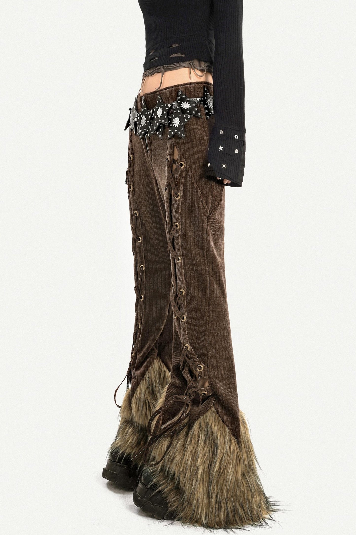 Retro Fur-Trim Corduroy Pants