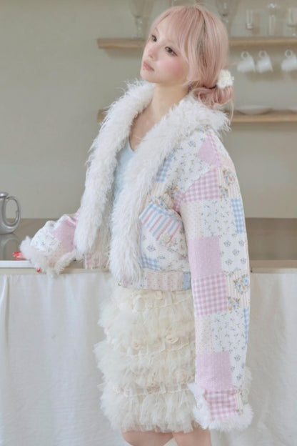 Sweet Floral Patchwork Fur Jacket