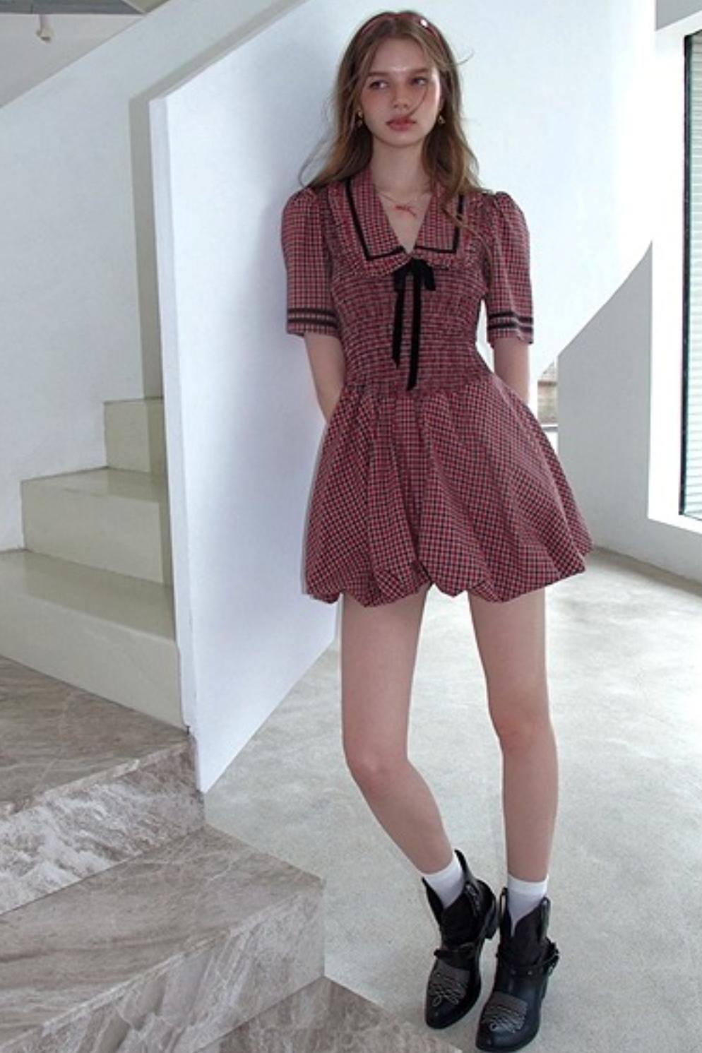 Plaid V-neck Bow Bubble A-Line Bud Dress