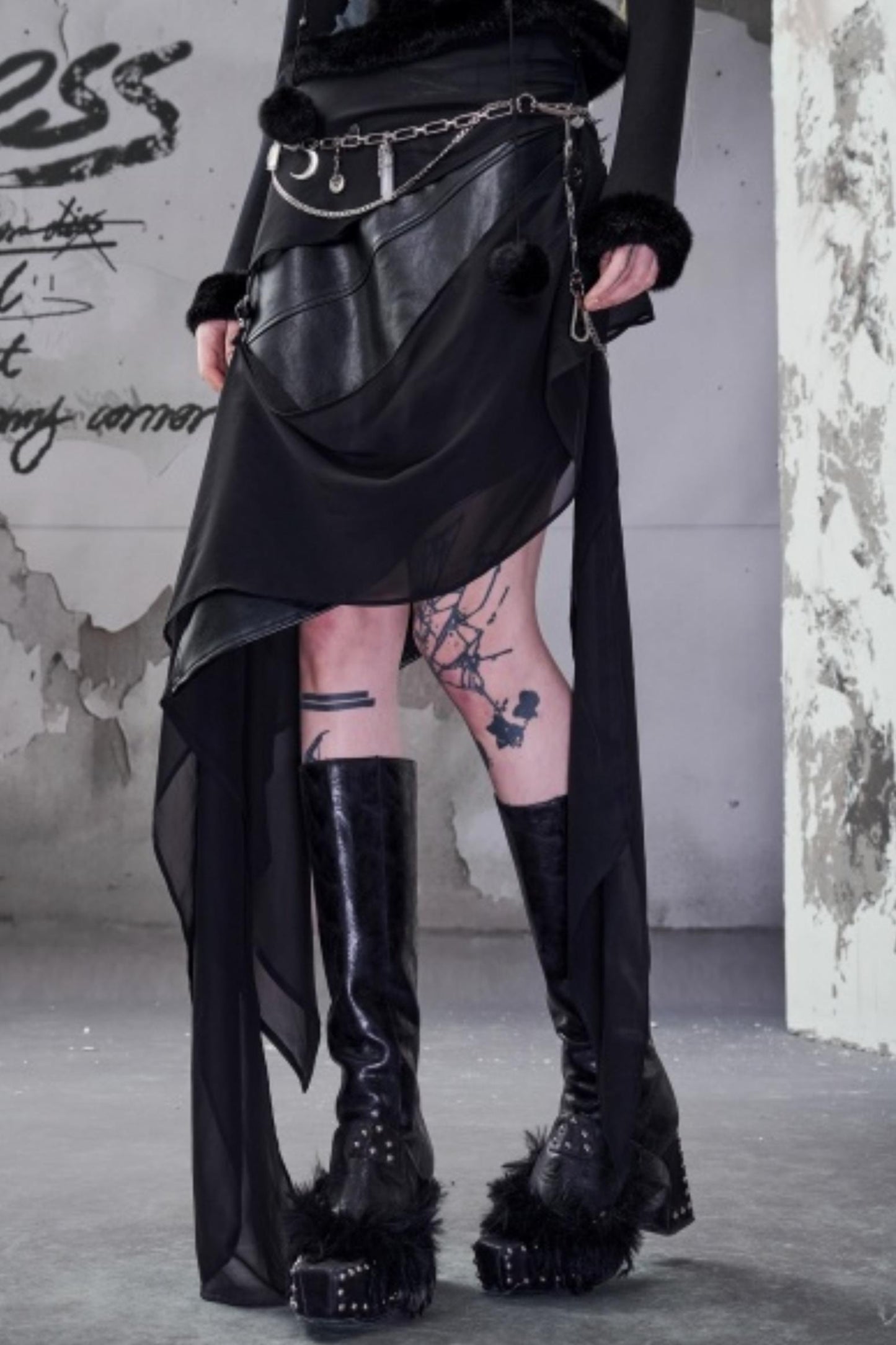 Chiffon Panel Ruffled Irregular Leather Skirt