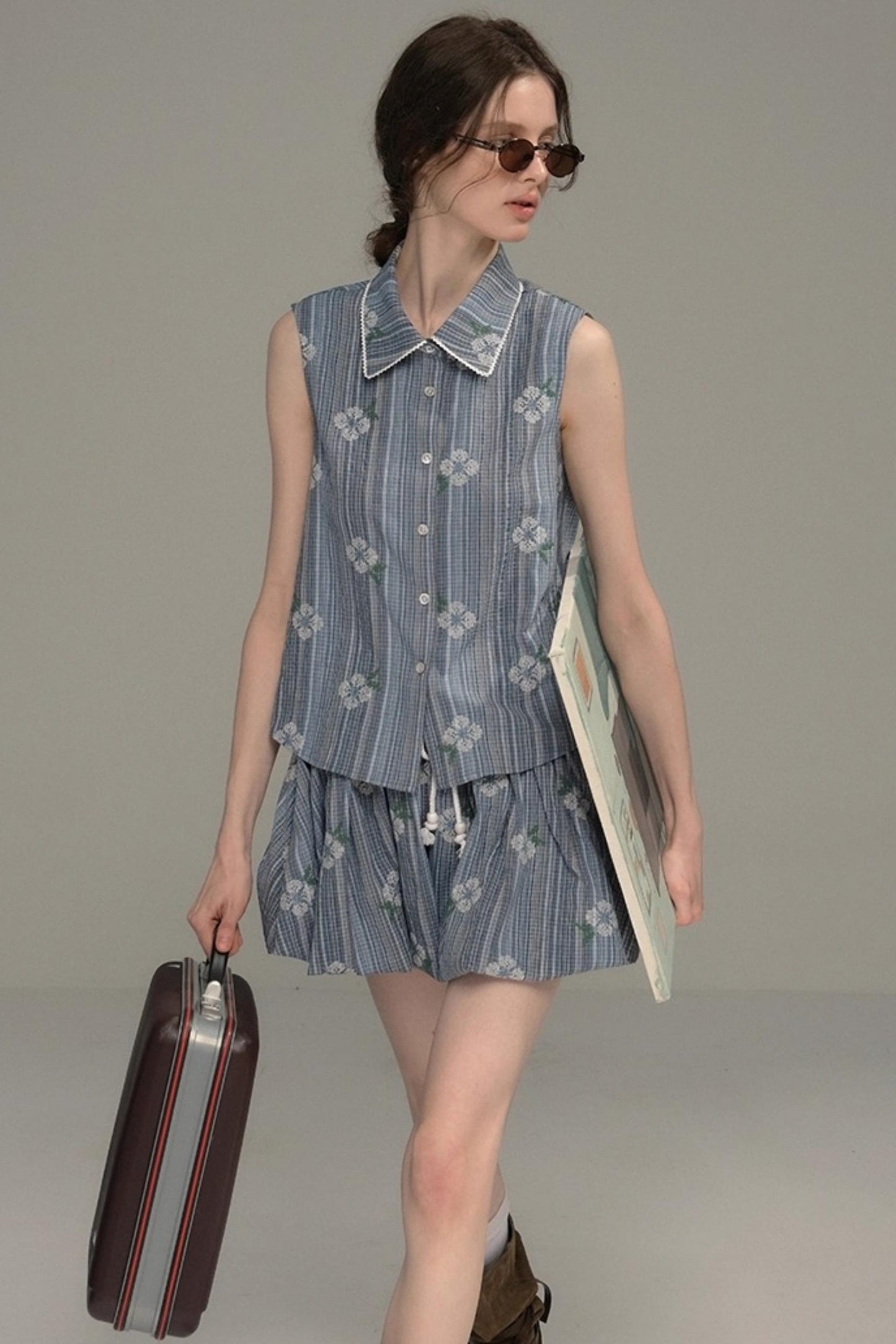 Flower Stitch Vest Skirt Set-Up