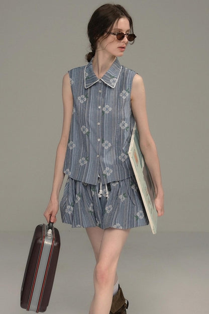 Flower Stitch Vest Skirt Set-Up