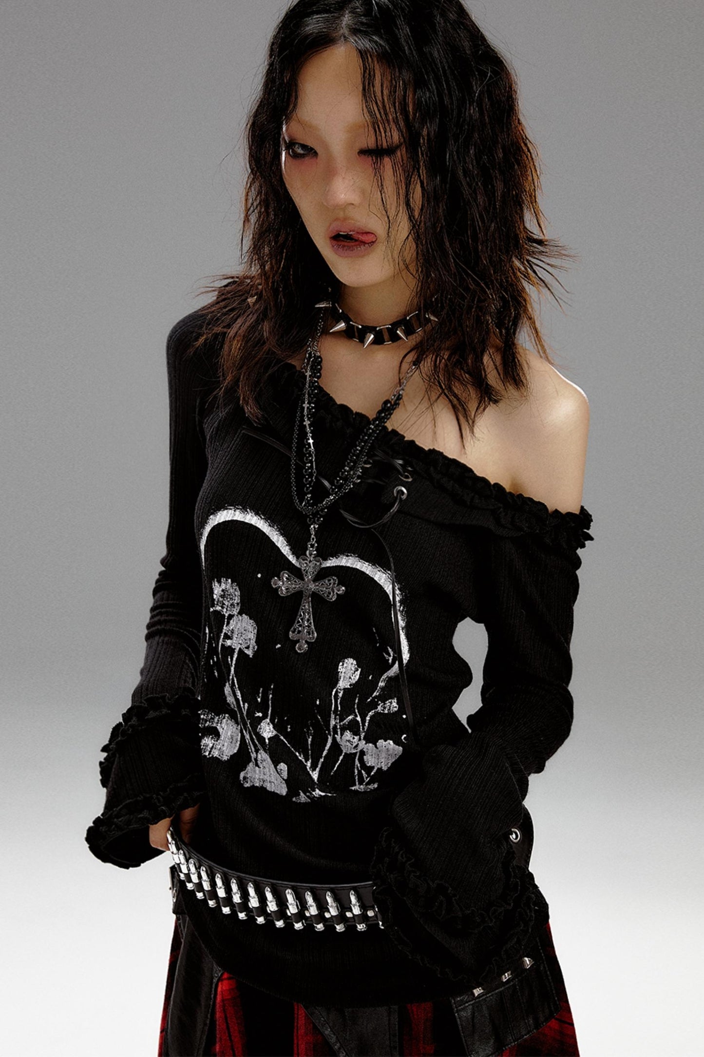 Retro Slim Print Hooded Knit Top