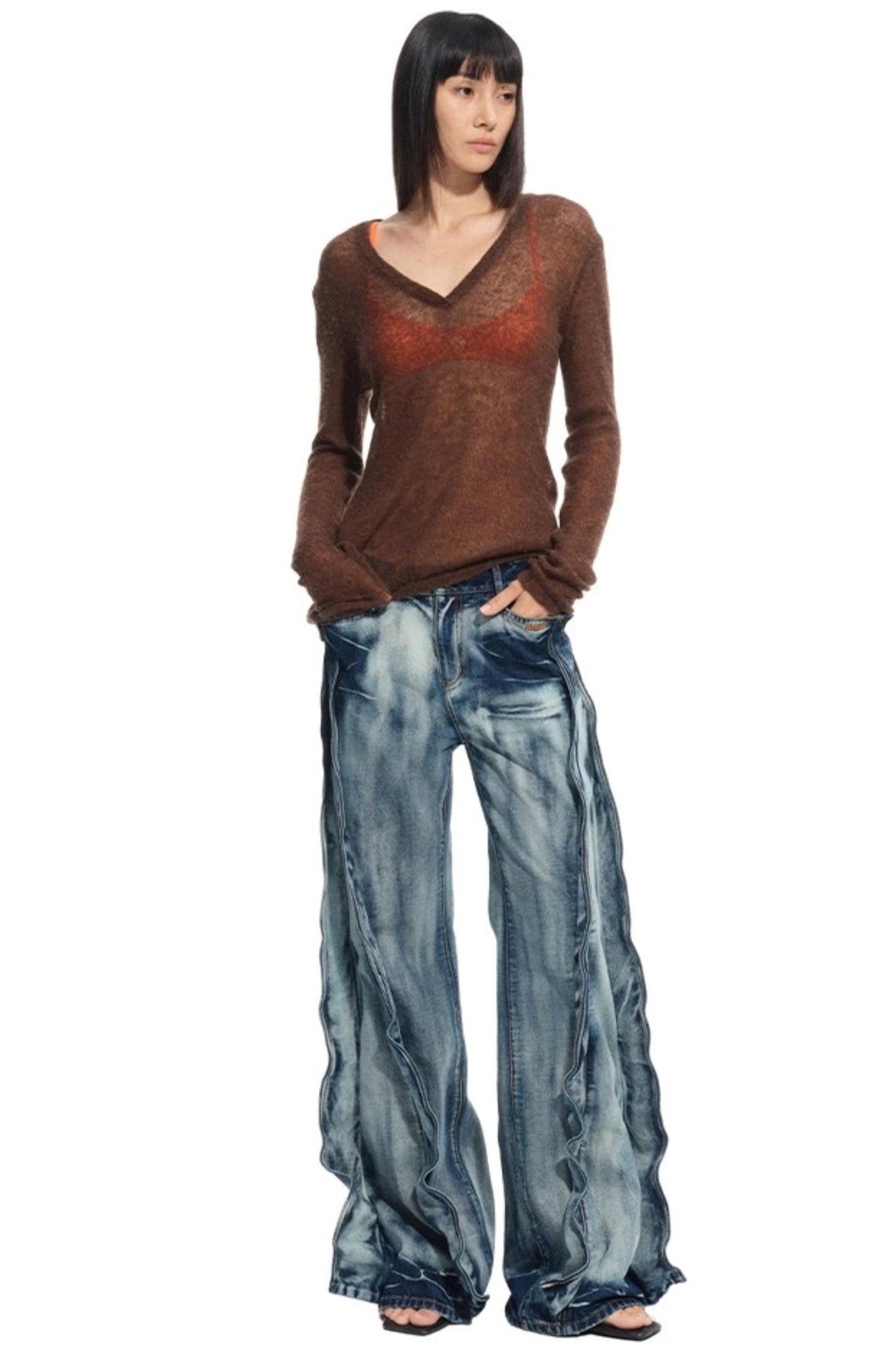 Alpaca Knit Layered V-Neck Long Sleeve Top