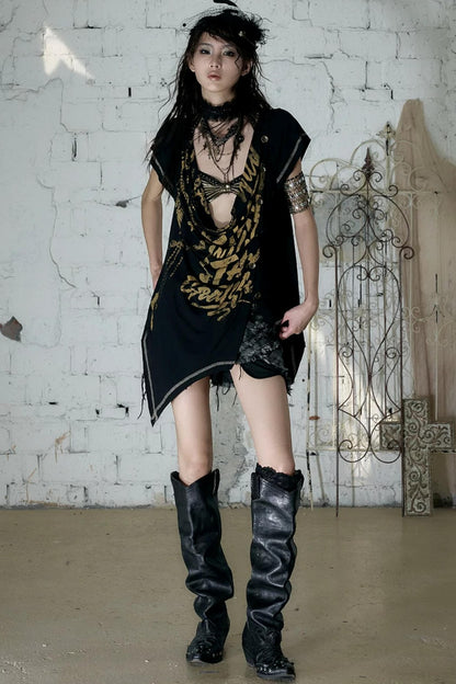 Punk Asymmetrical Neckline T-Shirt Set-Up