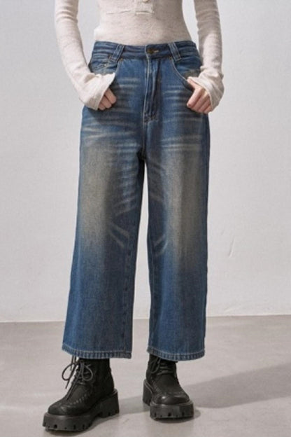 Retro Fleece-Lined Cropped Jeans