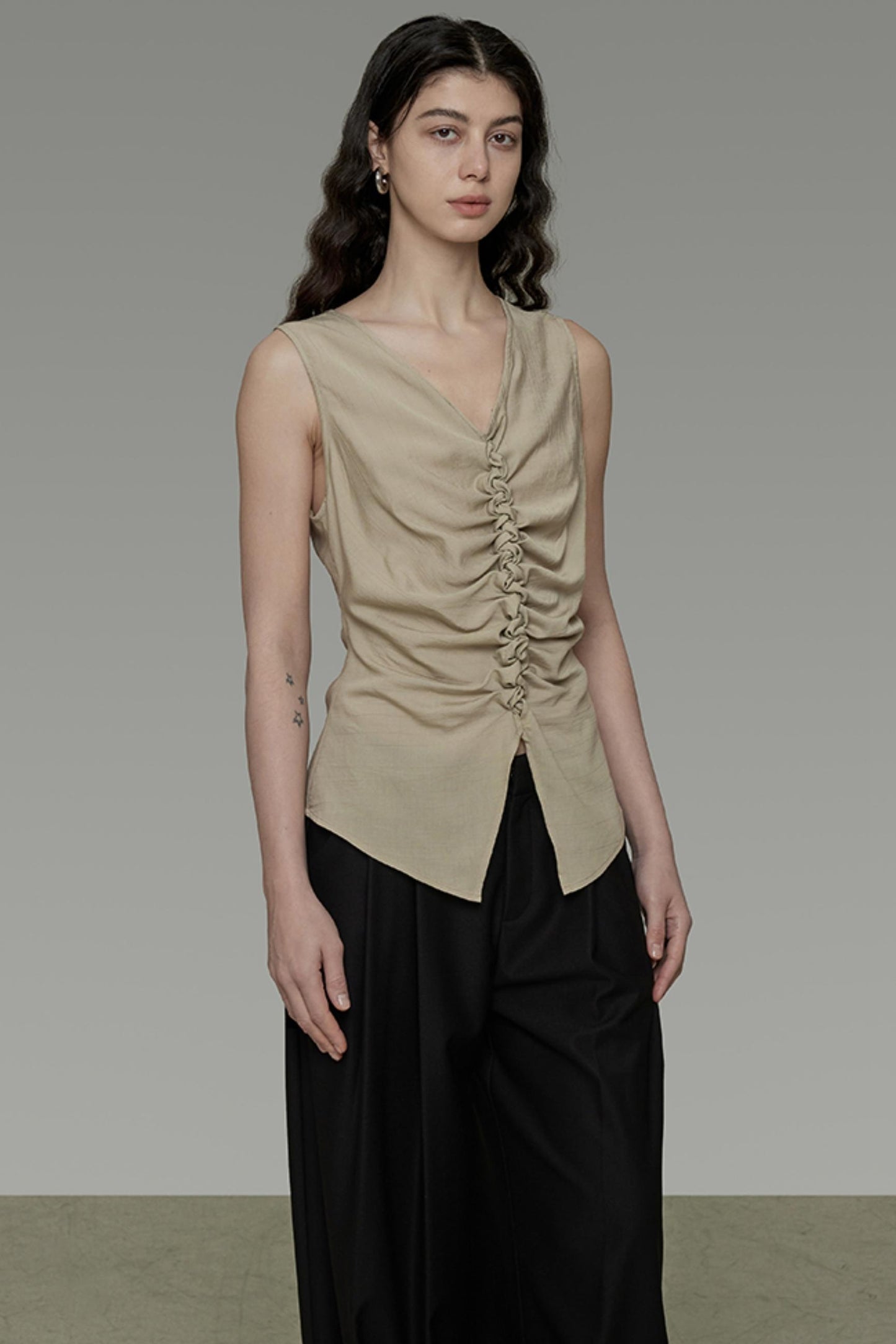 Khaki V-Neck Sleeveless Top