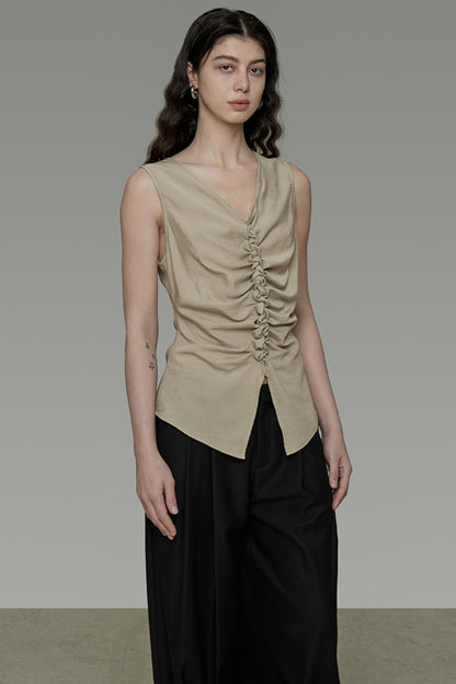 Khaki V-Neck Sleeveless Top