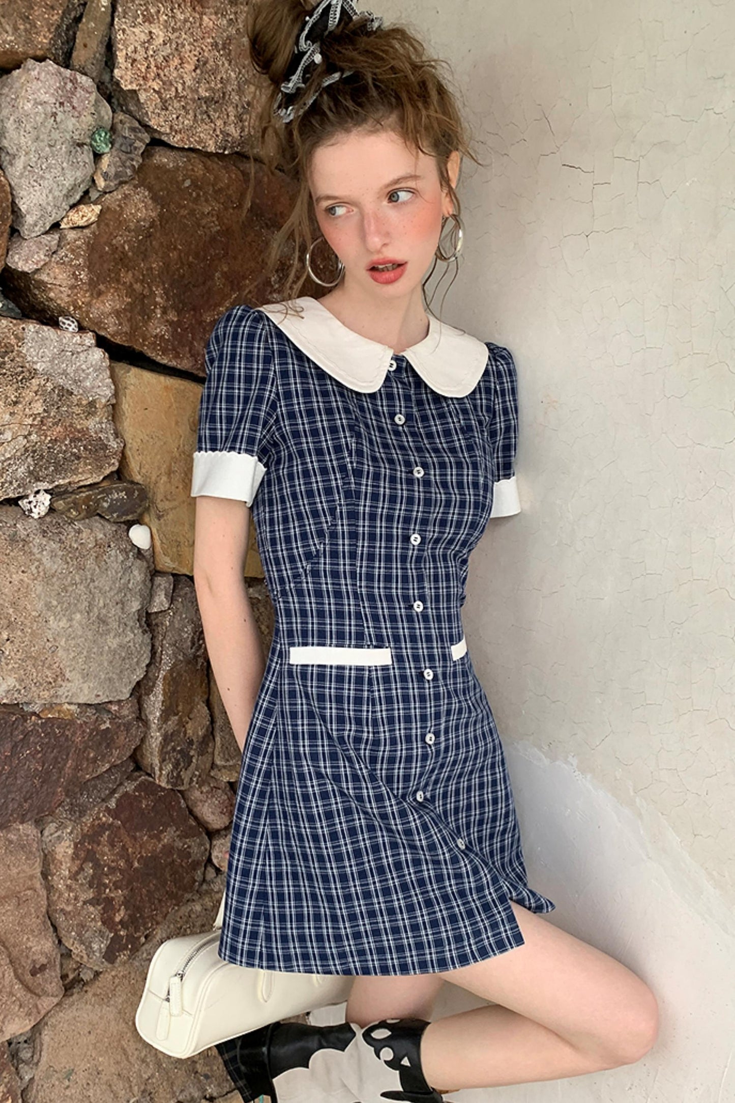 Navy A-Line Doll Neck Dress