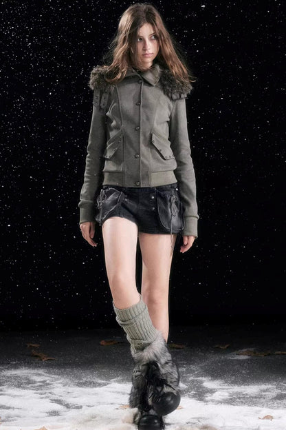 Aged Vintage Detachable Fur Hooded Coat