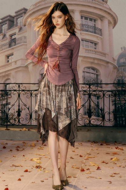 Elastic Drawstring V-Neck Top