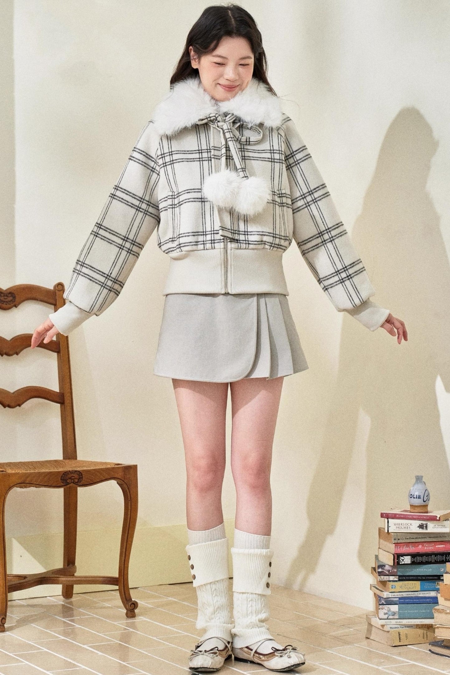 Original White Check Wool Short Coat