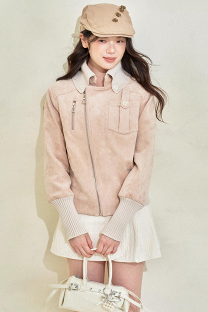 라이트 핑크 패치워크 스탠드업 칼라 재킷