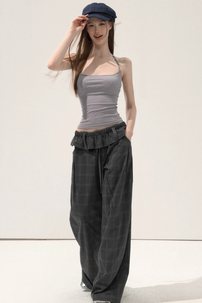Folded Waistband Plaid Pants