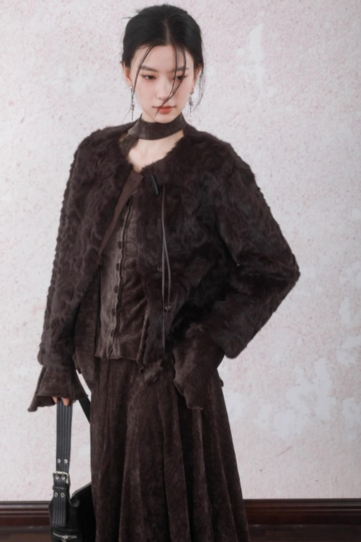 Curved Berry Brown Plush Jacket