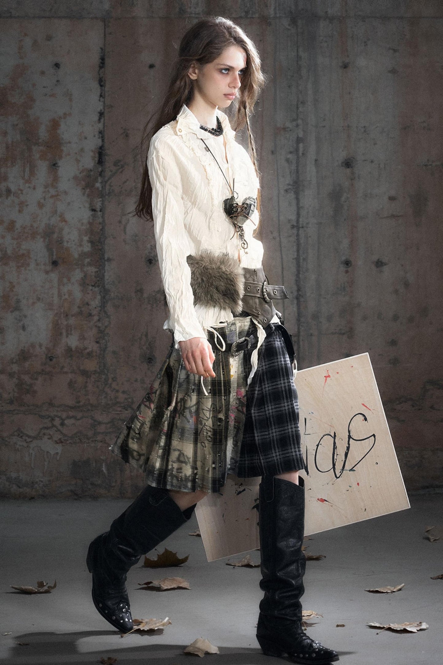 Leather Patchwork Fur Skirt  Belt