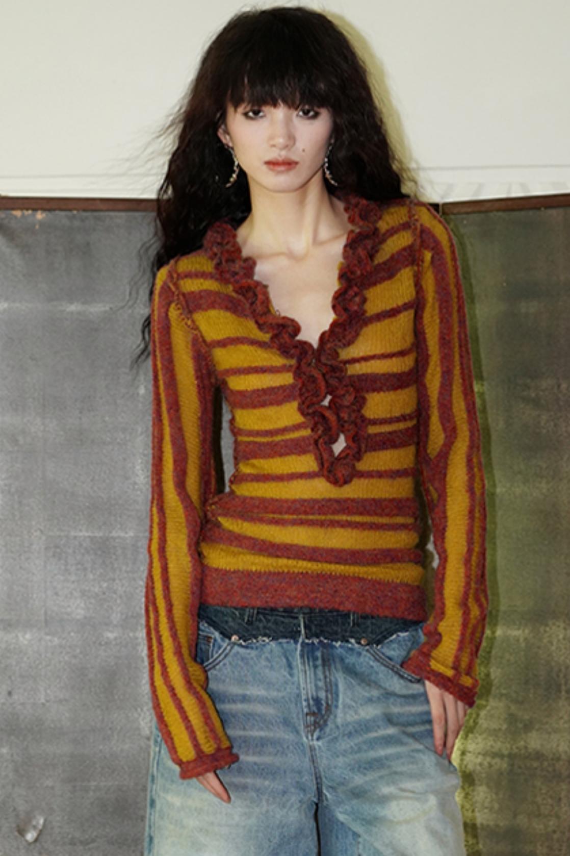 Fungus-Trimmed Striped Wool Knit Top