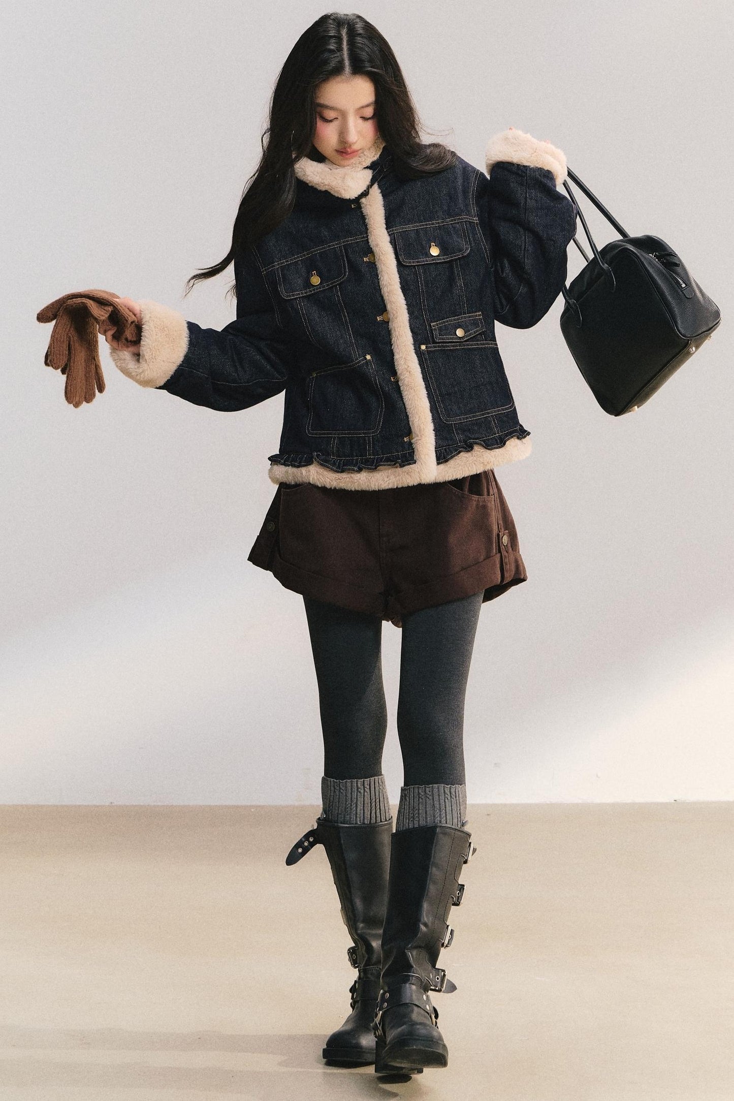 Denim Lace Trim Fur Coat